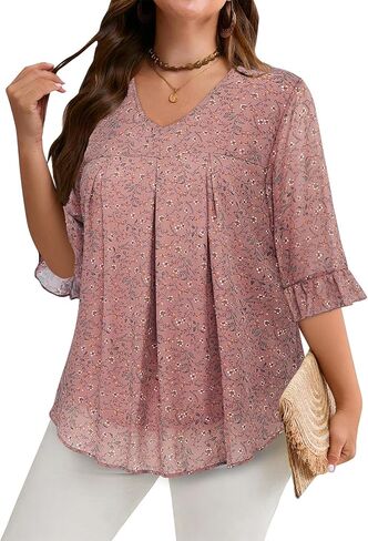 Amrto Plus Size Tops for Women Chiffon Ruffle 3/4 Sleeve Tunic Chiffon Blouses V Neck Casual Shirts XL-5XL in Kuwait