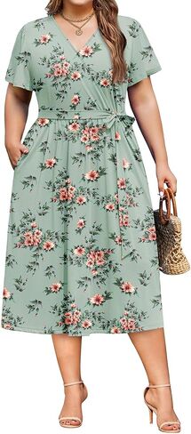 IN'VOLAND Women Plus Size Summer Dress Short Sleeve Floral Midi Dresses Vneck Belted Vacation Beach Sundress with Pockets in Saudi Arabia