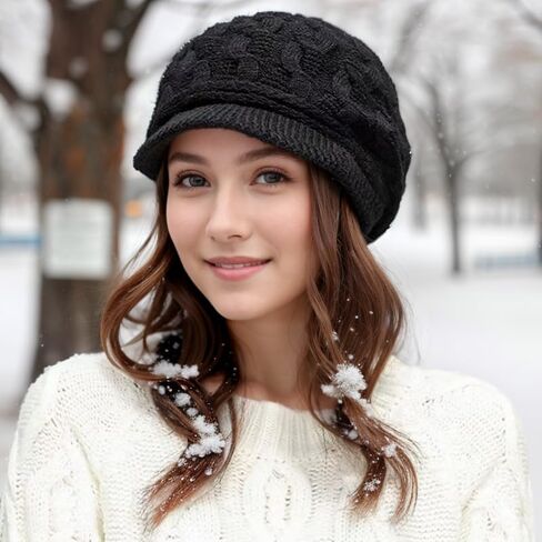 Winter Warm Knit Hat with Visor Vintage Elegant Beanie Cap Braided Soft Lining Ladies Peaked Beanie Skull Caps for Women in Saudi Arabia