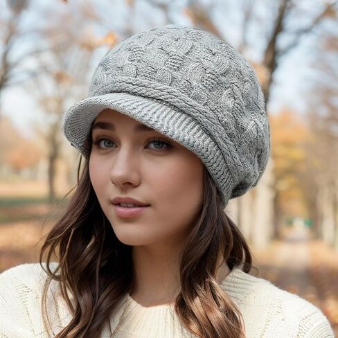 Winter Warm Knit Hat with Visor Vintage Elegant Beanie Cap Braided Soft Lining Ladies Peaked Beanie Skull Caps for Women in Saudi Arabia