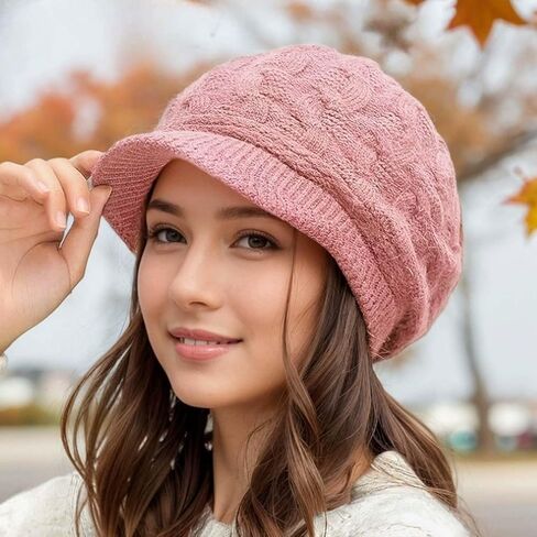 Winter Warm Knit Hat with Visor Vintage Elegant Beanie Cap Braided Soft Lining Ladies Peaked Beanie Skull Caps for Women in Saudi Arabia