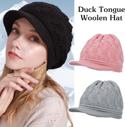 Winter Warm Knit Hat with Visor Vintage Elegant Beanie Cap Braided Soft Lining Ladies Peaked Beanie Skull Caps for Women in Saudi Arabia