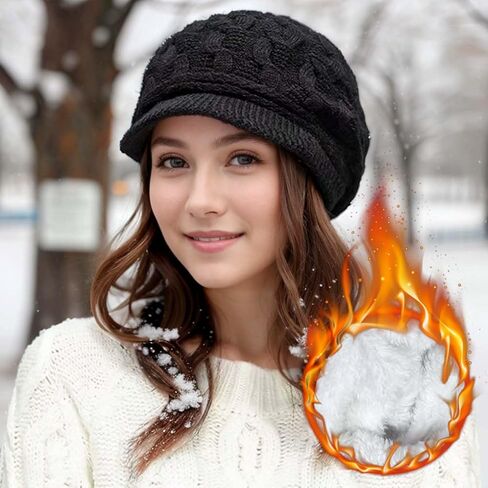 Winter Warm Knit Hat with Visor Vintage Elegant Beanie Cap Braided Soft Lining Ladies Peaked Beanie Skull Caps for Women in Saudi Arabia
