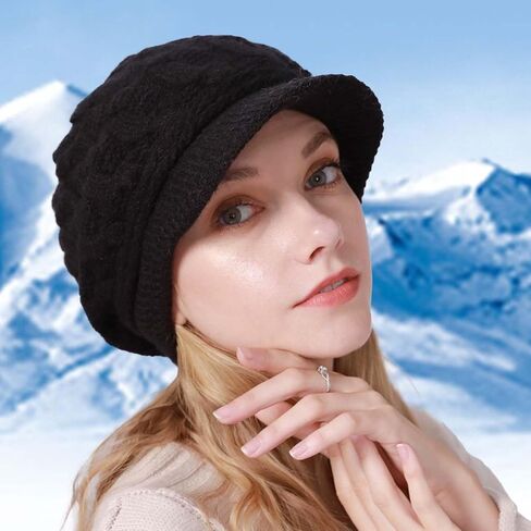 Winter Warm Knit Hat with Visor Vintage Elegant Beanie Cap Braided Soft Lining Ladies Peaked Beanie Skull Caps for Women in Saudi Arabia