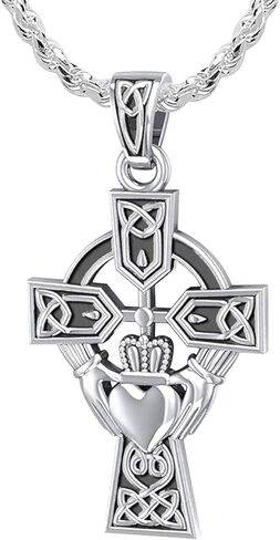قلادة US Jewels And Gems للرجال من الفضة الإسترليني عيار 925 مقاس 32 ملم بقلادة صليب أيرلندي سلتيك وكلاداغ، من 18 بوصة إلى 24 بوصة in Saudi Arabia