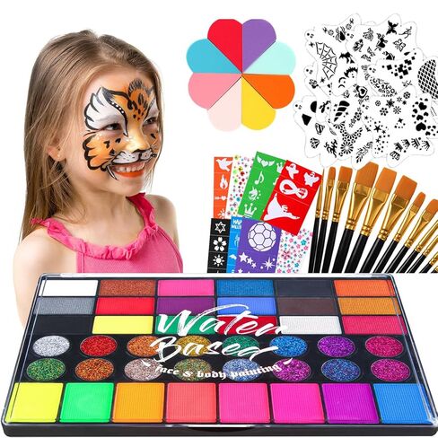 Kids Face Painting Kit - 42 Vibrant Colors, 200 Glitter Gems & 40 Stencils & Brushes & Sponges | Gentle Water-Activated Face Paint Makeup Set for Halloween, Birthdays, Parties | Easy to Wash in Kuwait