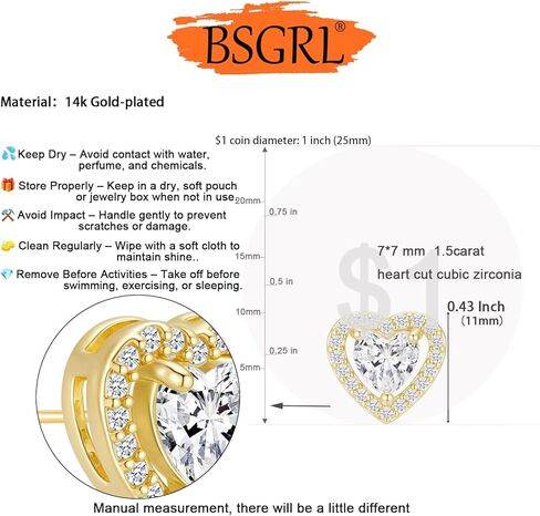 أقراط قلب BSGRL - أقراط على شكل قلب مطلية بالذهب عيار 14 قيراط/ذهب أبيض متلألئة مكعبة زركونيا مرصعة بهالة على شكل قلب للنساء لحفلات الزفاف in Kuwait