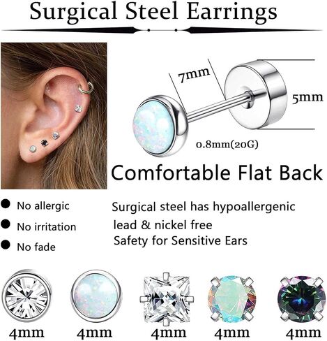 Surgical Steel Stud Earrings for Women Men Earrings Flat Back Earrings Stud Stainless Steel Cartilage Earring Opal CZ Small Flatback Stud Earrings Women in Saudi Arabia