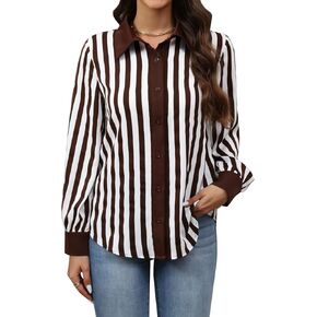 Casuluxy Womens Black and White Striped Button-Down Shirt Long Sleeve Blouse with Contrast Collar in Saudi Arabia