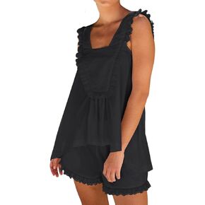 Wyeysyt Womens Pajamas Set 2 Piece Cotton Ruffle Pj Lounge Sets Trim Cami Top and Shorts Sleepwear Set in Kuwait