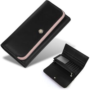 Feelorna Women’s Wallet, Large Capacity Long PU Leather Wallets with Multiple Card Slots and Zipper Coin Pocket, Portable Trifold Wallet with ID Window for Work and Travel (Black) in Saudi Arabia