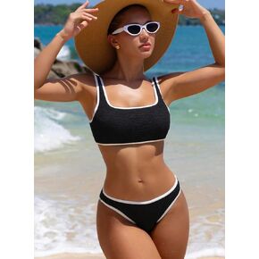 Black & White Contrast Trim Bikini Set, Women's Textured Square Neck Swimsuit, Two-Piece Bathing Suit for Beach & Pool in Kuwait