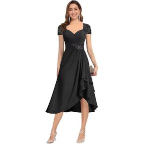 فساتين أم العروس مطرزة من Trifetcrow للنساء من الشيفون بأكمام قصيرة وطول الشاي على شكل حرف A فستان سهرة رسمي in Kuwait