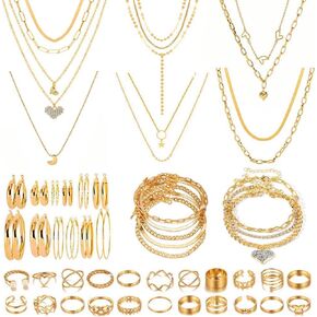 KOSMOS-LI 45 PCS Silver Plated Jewelry Sets with Costume 8 PCS Multi Layer Chain Necklace, 9 PCS Bracelet, 5 Pair Stud Earring, 22 PCS Knuckle Rings for Women in Kuwait