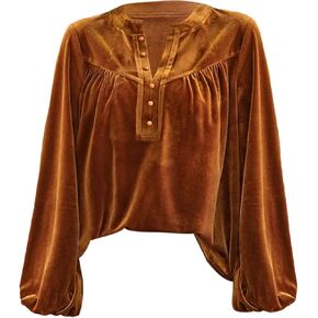 Floerns Women's Vintage Lantern Sleeve Velvet Shirts V Neck Fall Outfit 1970s Dressy Casual Blouse Tops in Saudi Arabia