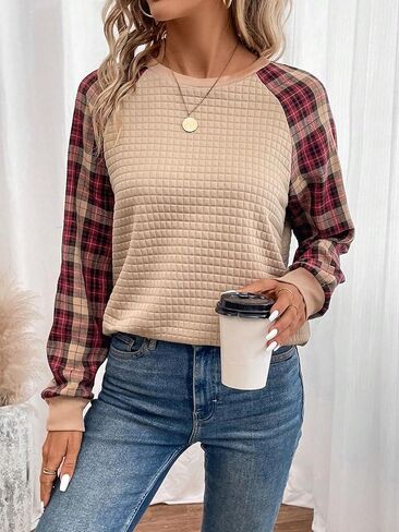 2025 Long Sleeve Shirts for Women Color Block Tops Casual Crewneck Basic Tees Fall Clothes Fashion in Saudi Arabia