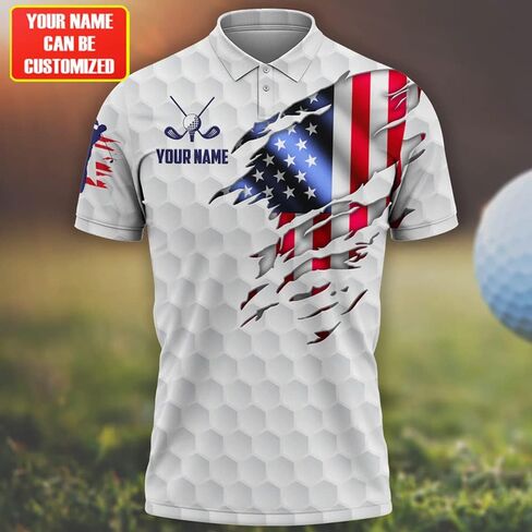 Custom Golf Polo Shirt with American Flag, Personalized Name Sports Polo for Men, USA Patriotic Golf Outfit Gift in Saudi Arabia