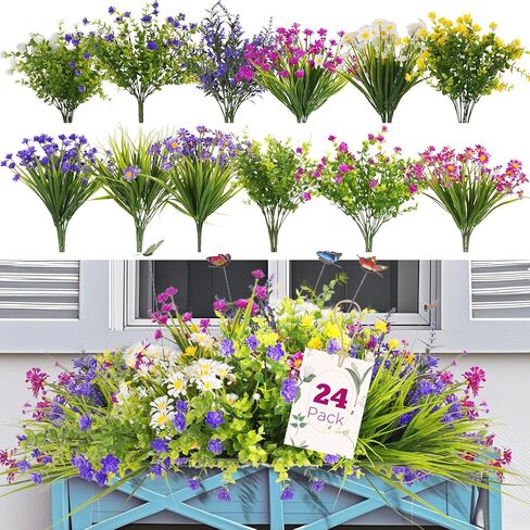 Fake Flowers for Outdoor UV Resistant 24 pcs Pink Spring Artificial Flowers Outdoors, Realistic Faux Silk Flowers Fade Resistant, Fake Plants ＆ Flowers for Garden Porch Planters Window Wedding Decor in Saudi Arabia