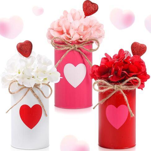 SiliFine 3 Sets Valentine's Day Decoration Valentine's Day Centerpiece for Table Includes 3 Silk Artificial Flower 3 Red Heart Glitter Berry Picks 3 Metal Vases for Wedding Anniversary Party Decor in Saudi Arabia