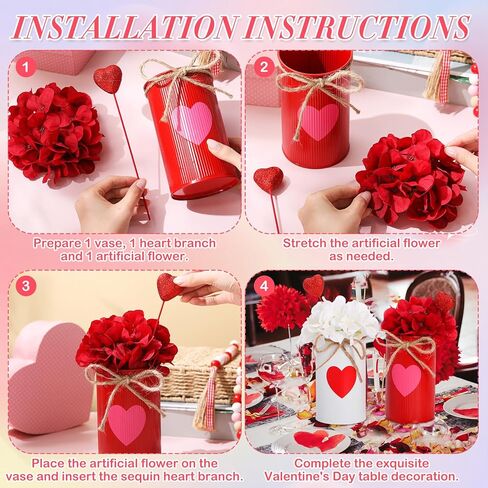 SiliFine 3 Sets Valentine's Day Decoration Valentine's Day Centerpiece for Table Includes 3 Silk Artificial Flower 3 Red Heart Glitter Berry Picks 3 Metal Vases for Wedding Anniversary Party Decor in Saudi Arabia