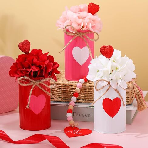 SiliFine 3 Sets Valentine's Day Decoration Valentine's Day Centerpiece for Table Includes 3 Silk Artificial Flower 3 Red Heart Glitter Berry Picks 3 Metal Vases for Wedding Anniversary Party Decor in Saudi Arabia