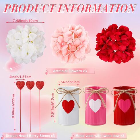 SiliFine 3 Sets Valentine's Day Decoration Valentine's Day Centerpiece for Table Includes 3 Silk Artificial Flower 3 Red Heart Glitter Berry Picks 3 Metal Vases for Wedding Anniversary Party Decor in Saudi Arabia