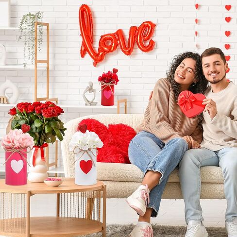 SiliFine 3 Sets Valentine's Day Decoration Valentine's Day Centerpiece for Table Includes 3 Silk Artificial Flower 3 Red Heart Glitter Berry Picks 3 Metal Vases for Wedding Anniversary Party Decor in Saudi Arabia