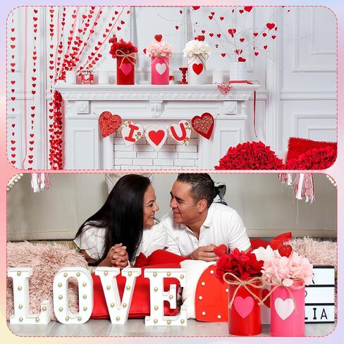 SiliFine 3 Sets Valentine's Day Decoration Valentine's Day Centerpiece for Table Includes 3 Silk Artificial Flower 3 Red Heart Glitter Berry Picks 3 Metal Vases for Wedding Anniversary Party Decor in Saudi Arabia
