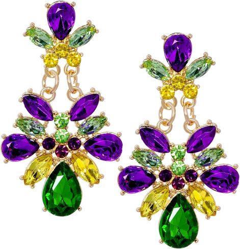 Nydotd Mardi Gras Earrings for Women, Rhinestone Teardrop Dangle Earrings Purple Green Gold Large Crystal Drop Earrings Fashion Carnival Parade Party Jewelry Gifts Bridal Wedding Prom (Mardi Gras) in Saudi Arabia