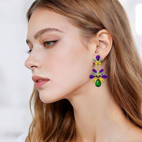 Nydotd Mardi Gras Earrings for Women, Rhinestone Teardrop Dangle Earrings Purple Green Gold Large Crystal Drop Earrings Fashion Carnival Parade Party Jewelry Gifts Bridal Wedding Prom (Mardi Gras) in Saudi Arabia