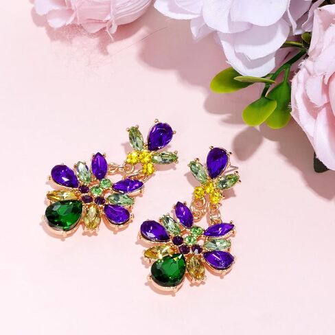 Nydotd Mardi Gras Earrings for Women, Rhinestone Teardrop Dangle Earrings Purple Green Gold Large Crystal Drop Earrings Fashion Carnival Parade Party Jewelry Gifts Bridal Wedding Prom (Mardi Gras) in Saudi Arabia