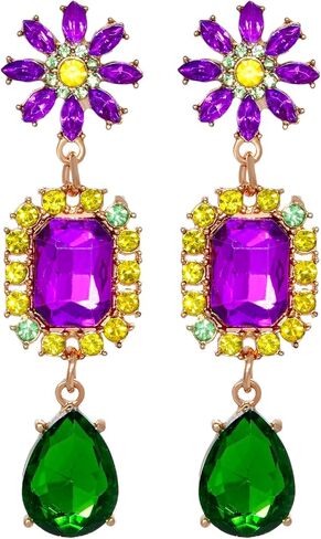 Nydotd Mardi Gras Earrings for Women, Rhinestone Teardrop Dangle Earrings Purple Green Gold Large Crystal Drop Earrings Fashion Carnival Parade Party Jewelry Gifts Bridal Wedding Prom (Mardi Gras) in Saudi Arabia