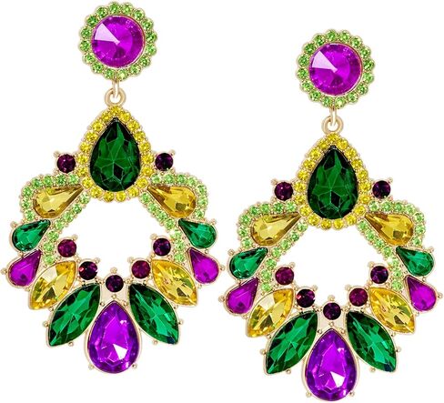 Nydotd Mardi Gras Earrings for Women, Rhinestone Teardrop Dangle Earrings Purple Green Gold Large Crystal Drop Earrings Fashion Carnival Parade Party Jewelry Gifts Bridal Wedding Prom (Mardi Gras) in Saudi Arabia