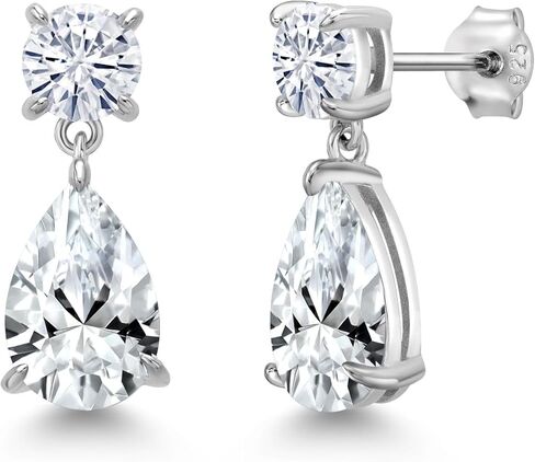 أقراط متدلية من Gem Stone King 8.58 قيراط أبيض مكون من الياقوت والمويسانتي الأبيض على شكل دمعة للنساء | 925 فضة استرلينية | جوهرة الميلاد الأحجار الكريمة | شكل كمثرى 12x8 ملم | جولة 6 ملم in Saudi Arabia