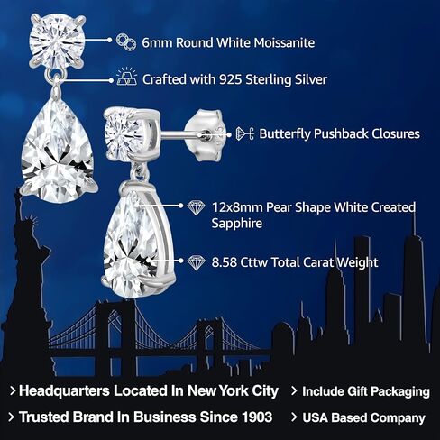 أقراط متدلية من Gem Stone King 8.58 قيراط أبيض مكون من الياقوت والمويسانتي الأبيض على شكل دمعة للنساء | 925 فضة استرلينية | جوهرة الميلاد الأحجار الكريمة | شكل كمثرى 12x8 ملم | جولة 6 ملم in Saudi Arabia