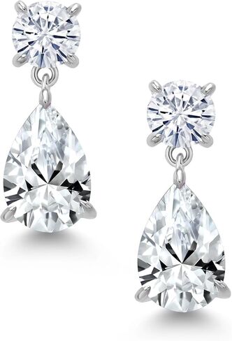 أقراط متدلية من Gem Stone King 8.58 قيراط أبيض مكون من الياقوت والمويسانتي الأبيض على شكل دمعة للنساء | 925 فضة استرلينية | جوهرة الميلاد الأحجار الكريمة | شكل كمثرى 12x8 ملم | جولة 6 ملم in Saudi Arabia