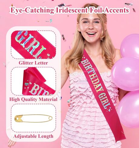 Birthday Sash for Girls, 63-Inch Hot Pink Birthday Sash with Rainbow Foil Suitable for Girls Women Teenagers to Celebrate Birthdays with Style and Sparkle in Saudi Arabia