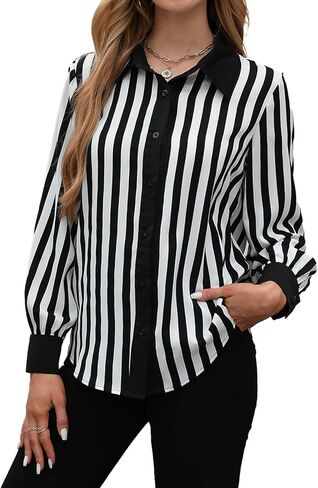 Casuluxy Womens Black and White Striped Button-Down Shirt Long Sleeve Blouse with Contrast Collar in Saudi Arabia