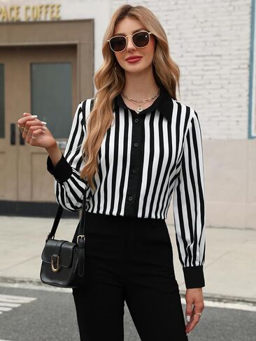 Casuluxy Womens Black and White Striped Button-Down Shirt Long Sleeve Blouse with Contrast Collar in Saudi Arabia