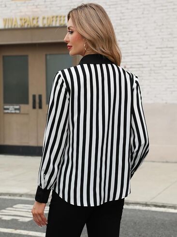 Casuluxy Womens Black and White Striped Button-Down Shirt Long Sleeve Blouse with Contrast Collar in Saudi Arabia