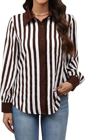 Casuluxy Womens Black and White Striped Button-Down Shirt Long Sleeve Blouse with Contrast Collar in Saudi Arabia