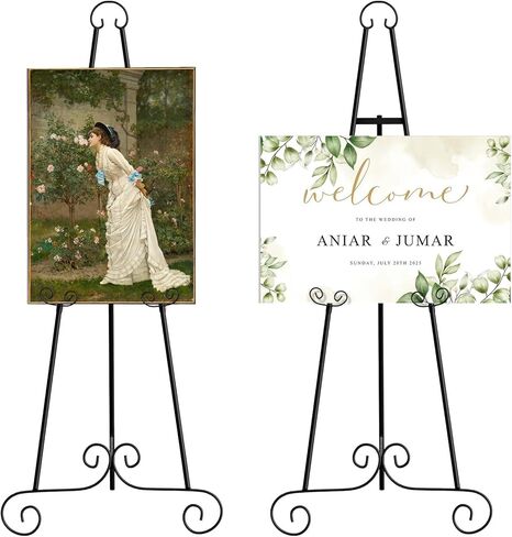 46" H Metal Round Tube Scroll Display Easel, Classic Black Decorative Large Adjustable Floor Standing Easel with Chain Support, Perfect for Showcasing Pictures, Artwork, Picture Frame Wedding Sign Etc in Kuwait