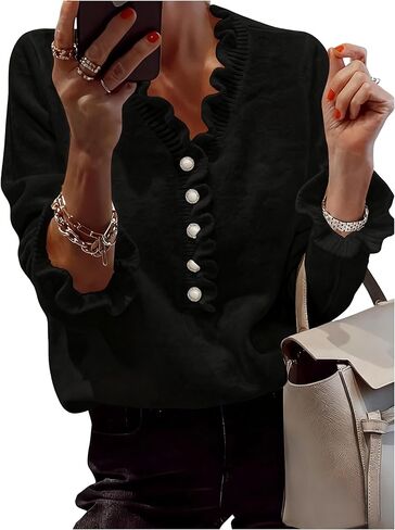 ZAFUL المرأة طويلة الأكمام الخامس الرقبة سترة اللؤلؤ زر كشكش تقليم محبوك أنيقة ومريحة البلوز القمم in Saudi Arabia