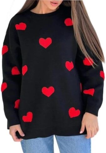 Womens Valentine Heart Print Sweater Crew Neck Love Shape Cute Long Sleeve Loose Knitted Pullover Sweater in Saudi Arabia