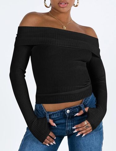 APRROOT Off The Shoulder Sweater for Women Long Sleeve Pullover Ribbed Knit Going Out Thumbhole Tops 2025 Fall Sexy Outfits in Saudi Arabia