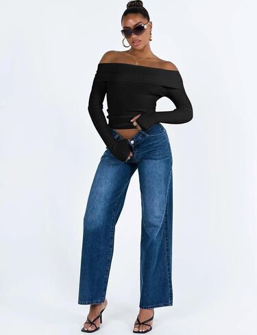 APRROOT Off The Shoulder Sweater for Women Long Sleeve Pullover Ribbed Knit Going Out Thumbhole Tops 2025 Fall Sexy Outfits in Saudi Arabia