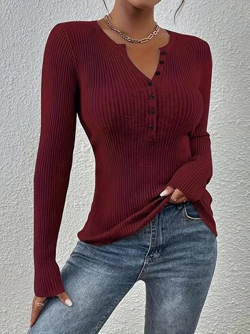 بلوفر نسائي بأكمام طويلة ورقبة على شكل حرف v وزر أمامي بلوفر ناعم صورة ظلية جذابة للعمل والسفر والارتداء اليومي in Saudi Arabia