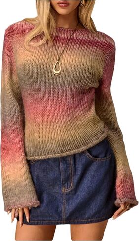 MakeMeChic Women's Striped Sweater Colorful Crew Neck Bell Sleeve Fall Y2K Knitted Pullover Tops in Saudi Arabia