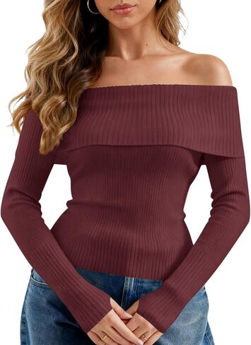APRROOT Off The Shoulder Sweater for Women Long Sleeve Pullover Ribbed Knit Going Out Thumbhole Tops 2025 Fall Sexy Outfits in Saudi Arabia