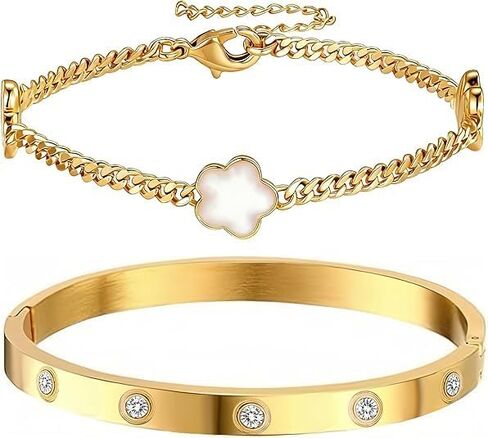 18K Gold Bracelets Floral Bracelets for Women, 2Pcs Stackable Gold Plated Cubic Zirconia Friendship Bangle Bracelet Floral Bracelet Jewelry Kit, in Saudi Arabia